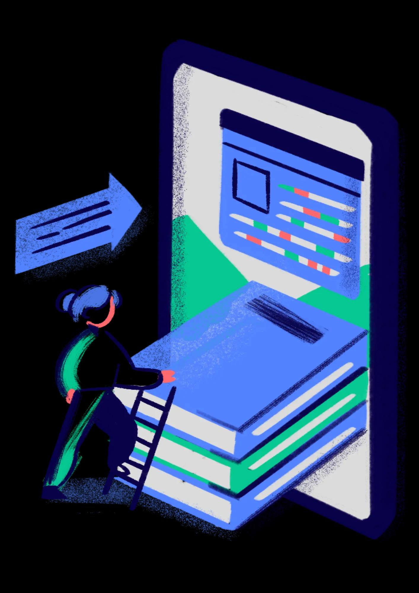 Illustration d'une personne montant sur une échelle vers des livres et une interface de cours en ligne